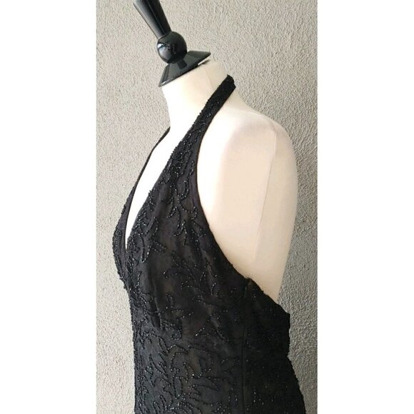 Carmen Marc Valvo Signature Halter Lace Beaded Silk Black Evening Dress Size 12 - Picture 3 of 7
